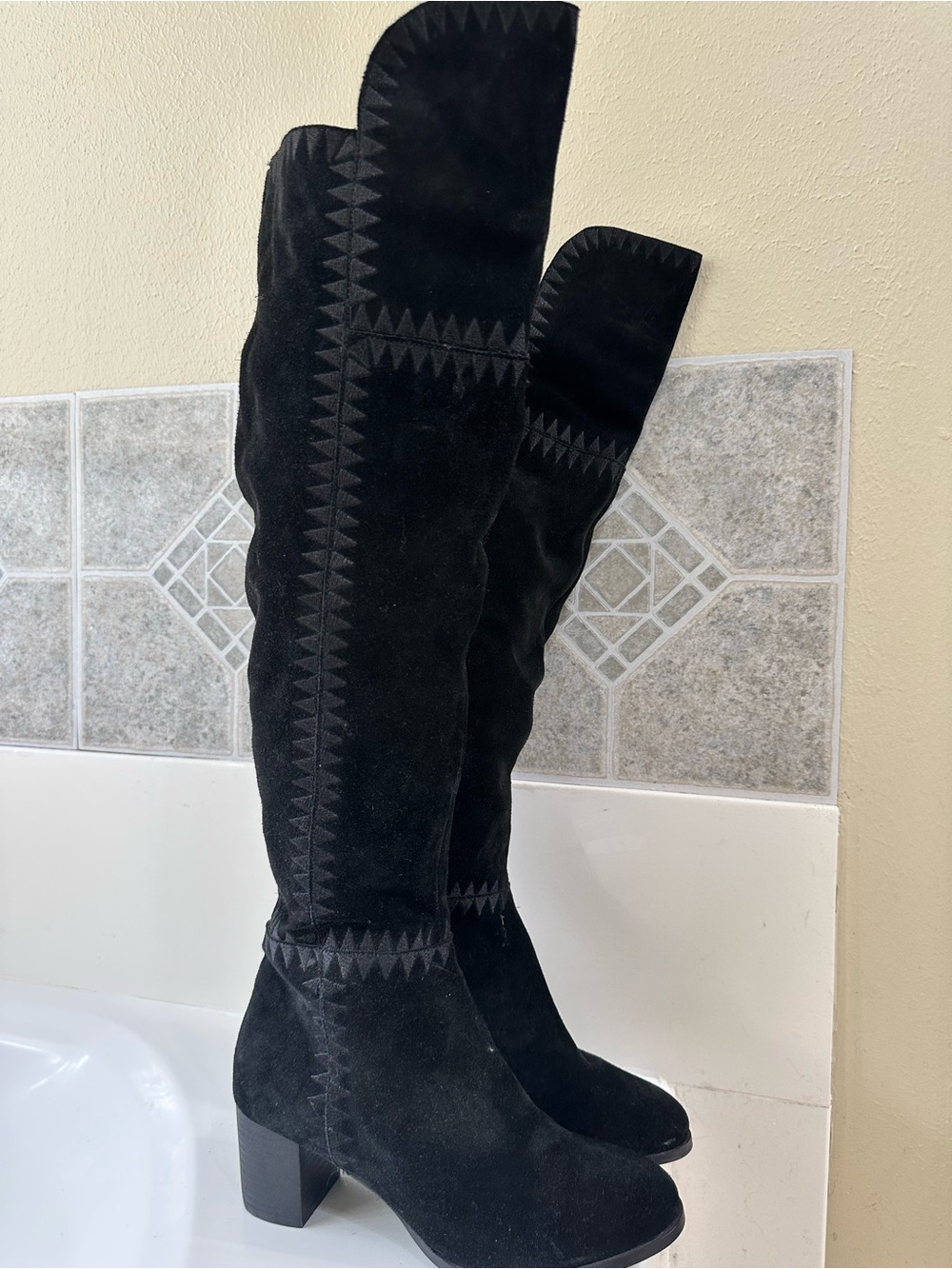 Matisse Black Suede Over-the-Knee Boots with Geometric Stitching